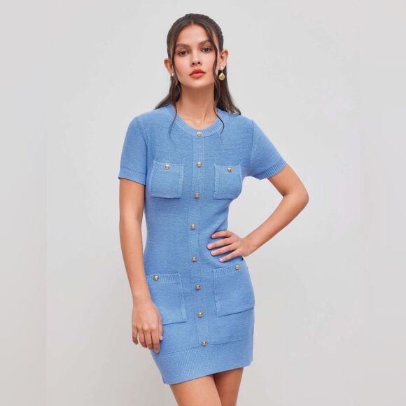 NWT GLOD BUTTON MINI KNIT DRESS BLUE  SIZE Small - Picture 1 of 14